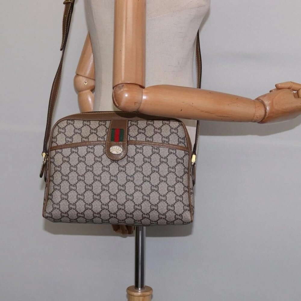 GUCCI GG Plus Supreme Web Sherry Line Shoulder Bag PVC Beige Gold Auth gh909